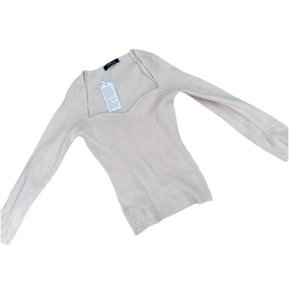 Lillusory Women’s Rib Knit Square Neck Sweater Beige Long Sleeve Size S NWT
